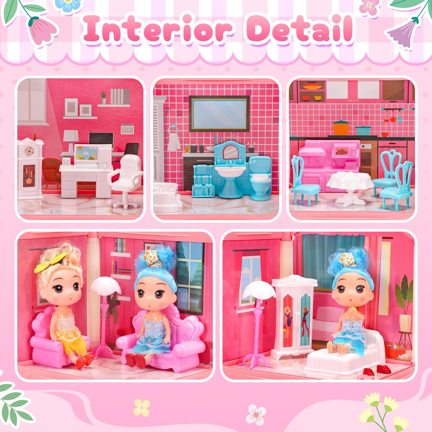 AmiDear 4-Story Dollhouse | 11 Rooms, Pool & Slide | Pink Princess Playset