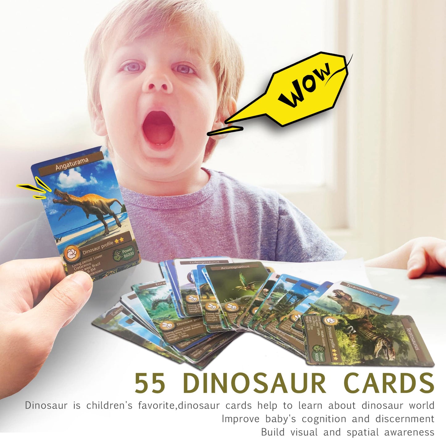 AMINFUN 55PCS Dinosaur Learning Recognition Flash Cards – Educational Dino Cards for Kids