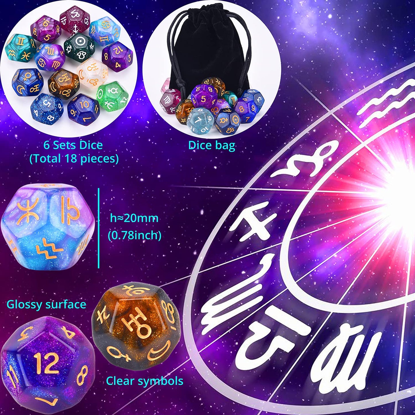 Amiven 6 Sets Astrology Dice – 12-Sided Divination Tool (Signs & Planets)