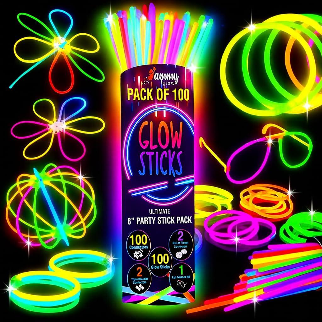 Ammy Glow 205 Pcs Glow Sticks Bulk Pack – Bracelets & Necklaces, Tube Packed