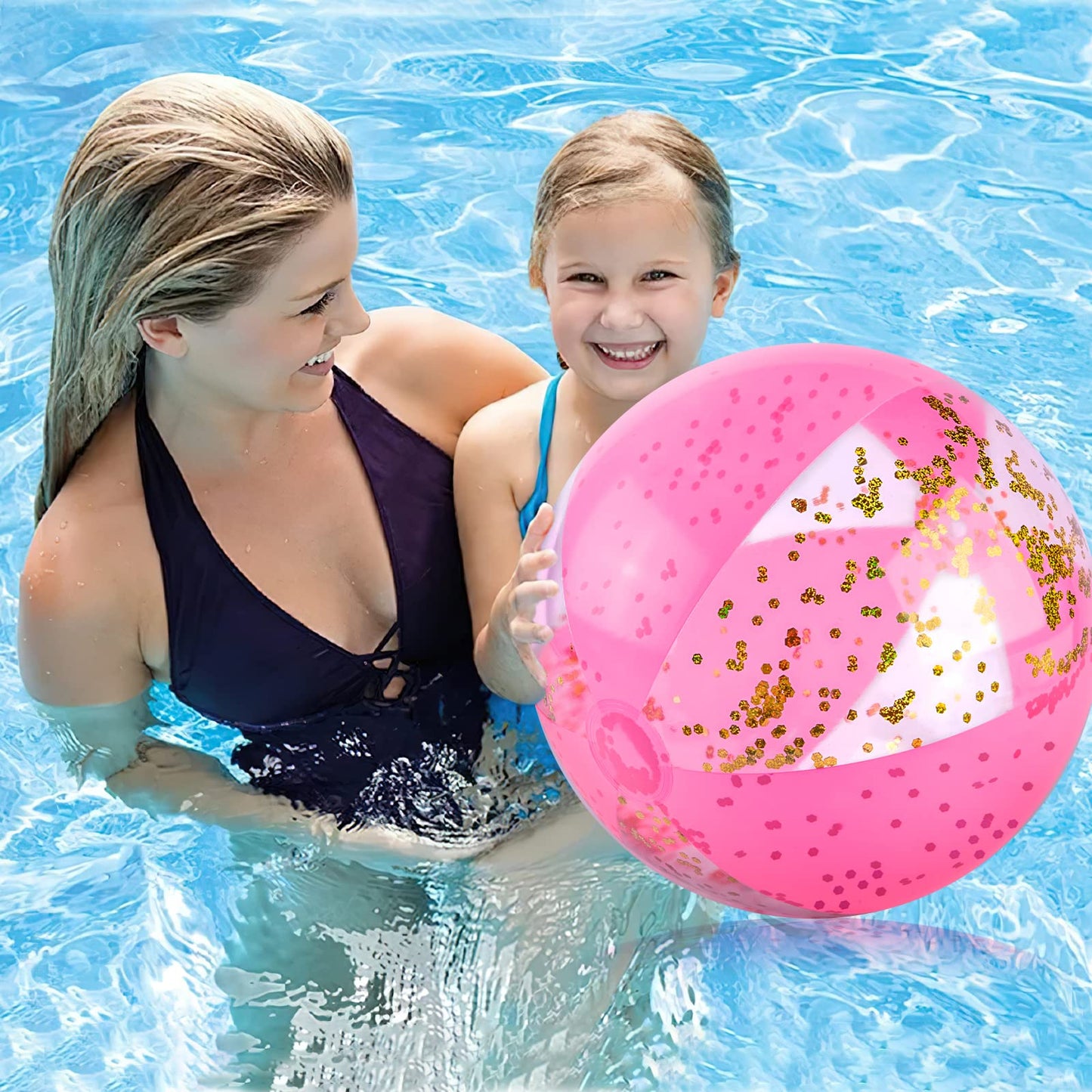 AMOR PRESENT Beach Ball 16-Inch Glitter Inflatable with Pink Confetti | UV-Protected Pool Party Ball