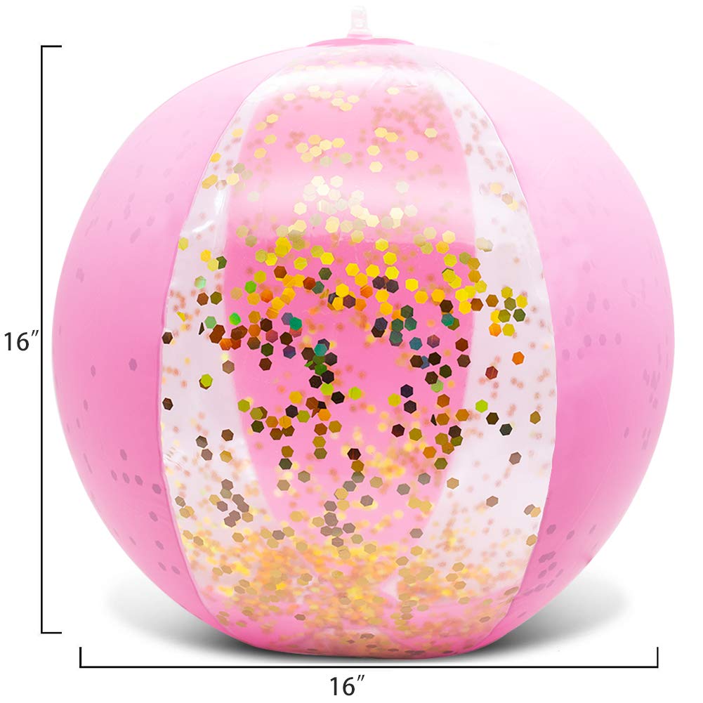 AMOR PRESENT Beach Ball 16-Inch Glitter Inflatable with Pink Confetti | UV-Protected Pool Party Ball