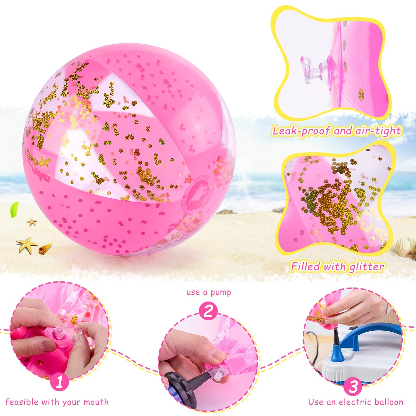 AMOR PRESENT Beach Ball 16-Inch Glitter Inflatable with Pink Confetti | UV-Protected Pool Party Ball