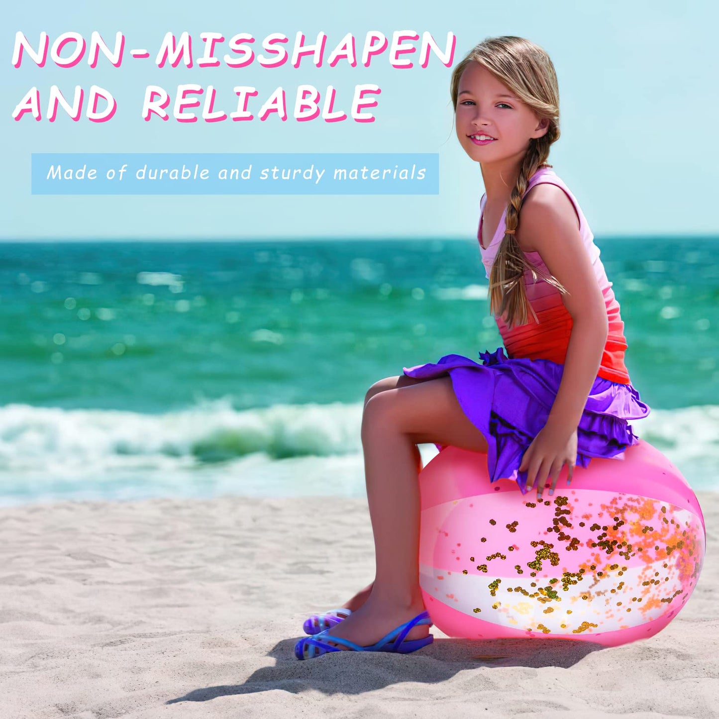 AMOR PRESENT Beach Ball 16-Inch Glitter Inflatable with Pink Confetti | UV-Protected Pool Party Ball