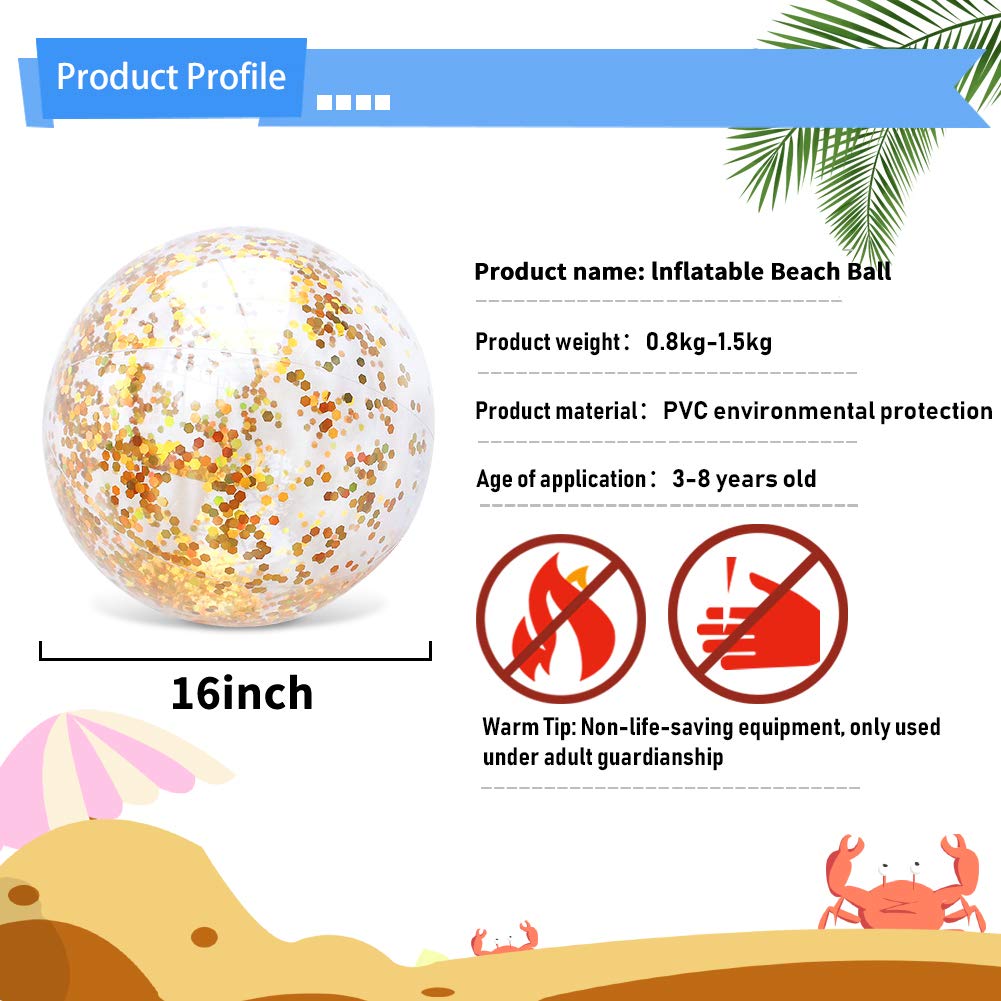 AMOR PRESENT Beach Ball 16-Inch Glitter Inflatable – Gold, Pool & Beach Party