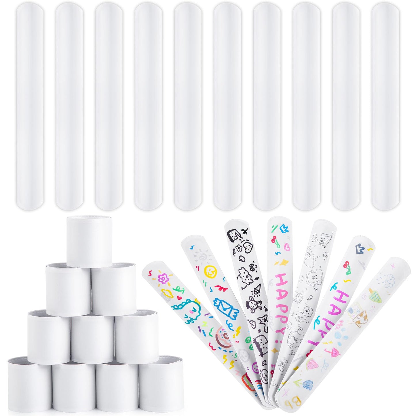 AMOR PRESENT Slap Bracelets Bulk – 64 White DIY Wrist Bands for Parties & Classrooms