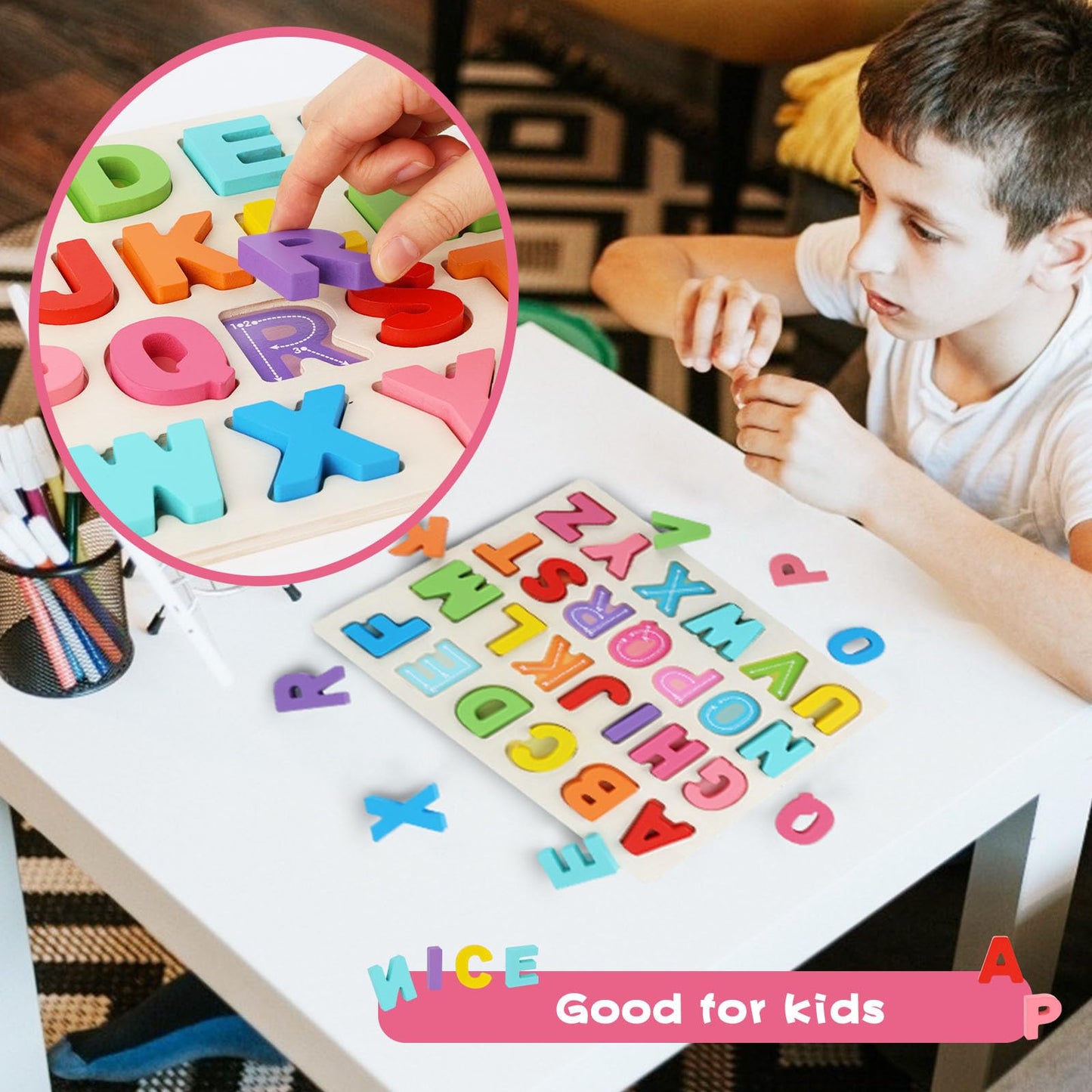 AMOR PRESENT ABC Wooden Alphabet Puzzle Board for Toddlers | Montessori Letters Game | Preschool Learning Toy