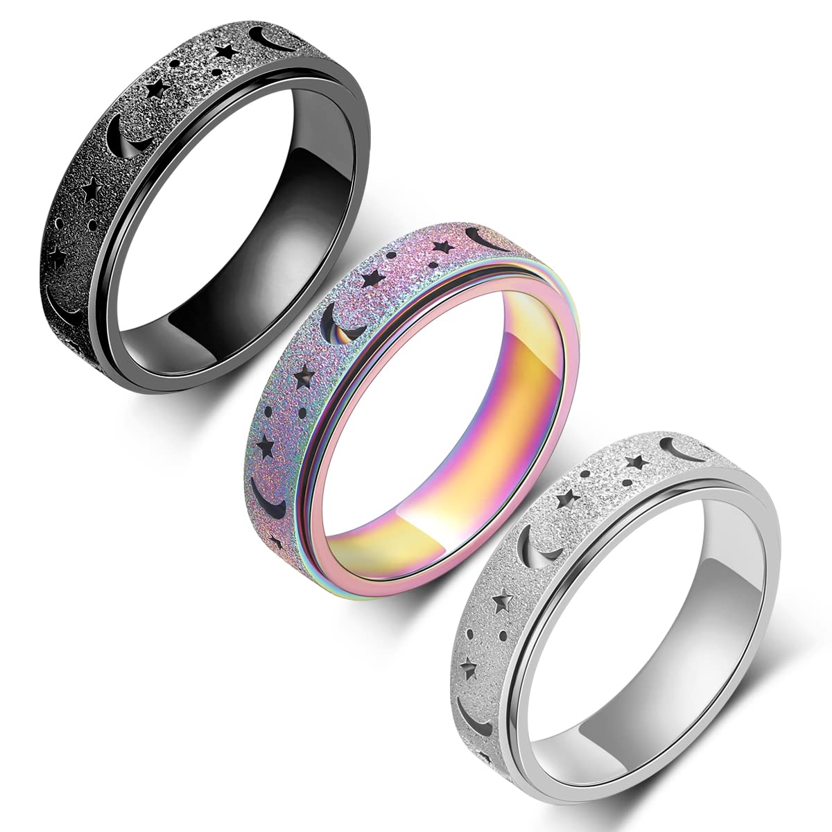 AmorArtSky Anxiety Ring – Titanium Spinner Ring for Women & Men (Moon Star Sandblasted Hollow Outer)