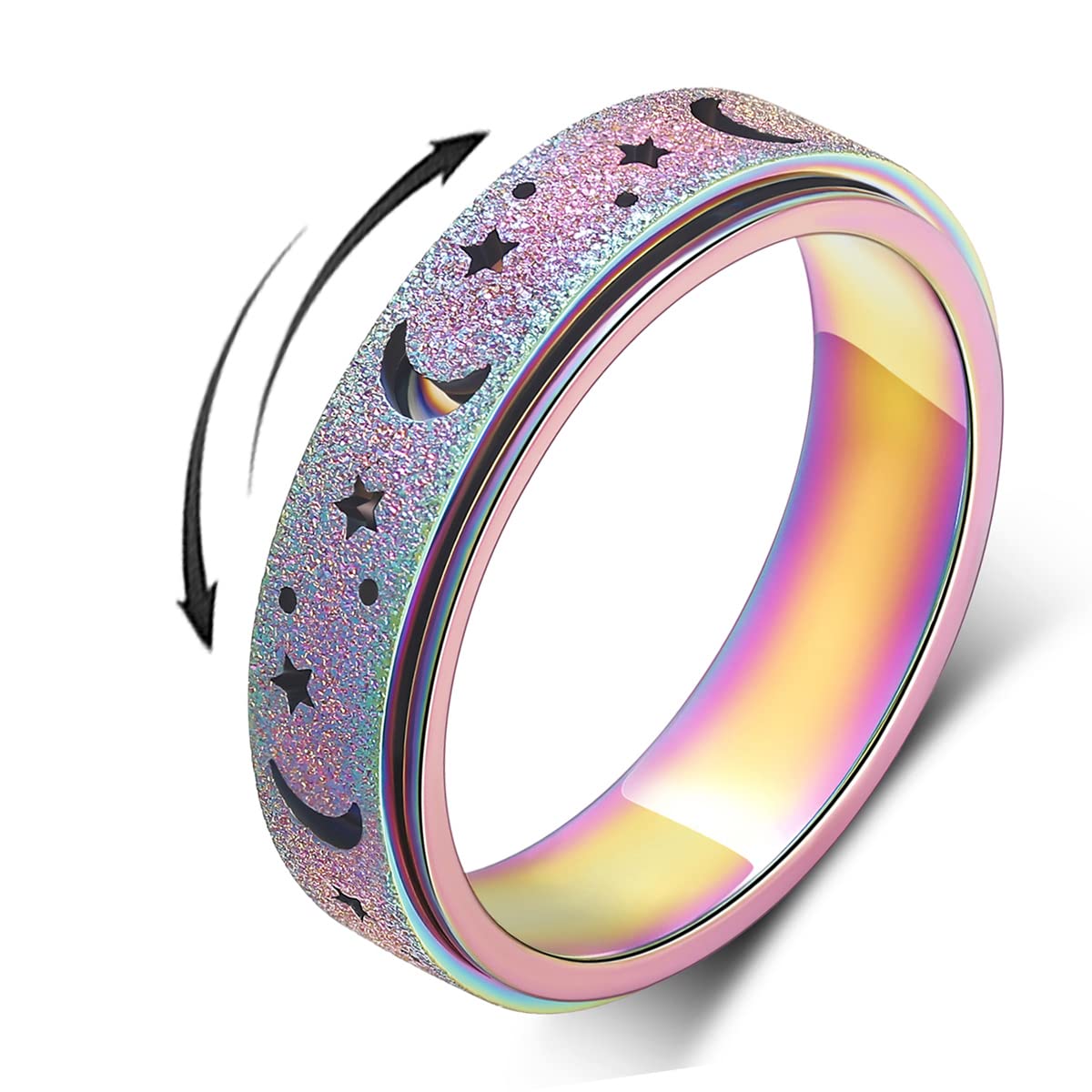 AmorArtSky Spinner Ring for Anxiety Relief – Titanium Fidget Ring (Moon Star, Hollow Rainbow)