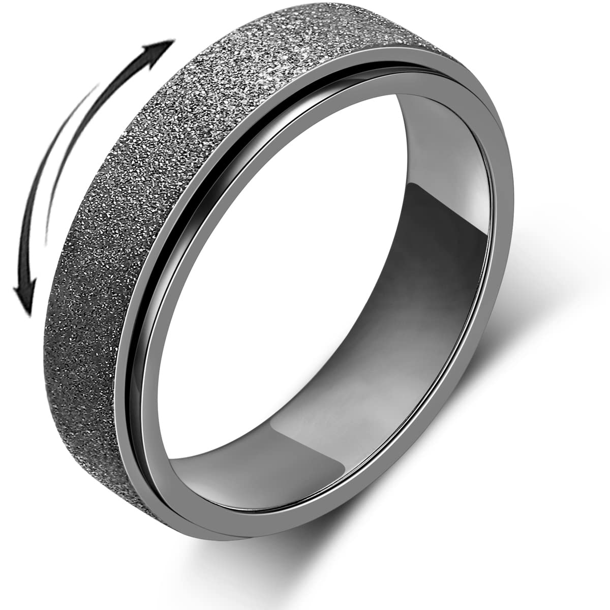 AmorArtSky Spinner Ring for Anxiety Relief – Titanium Stainless Steel Fidget, Black Sandblasted, Size 7