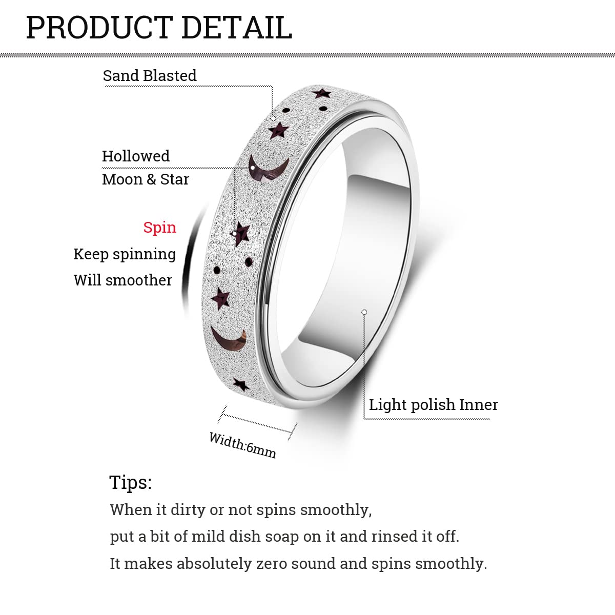 AmorArtSky Spinner Ring – Unisex Titanium Fidget, Moon Star, 6MM, 5 Colors