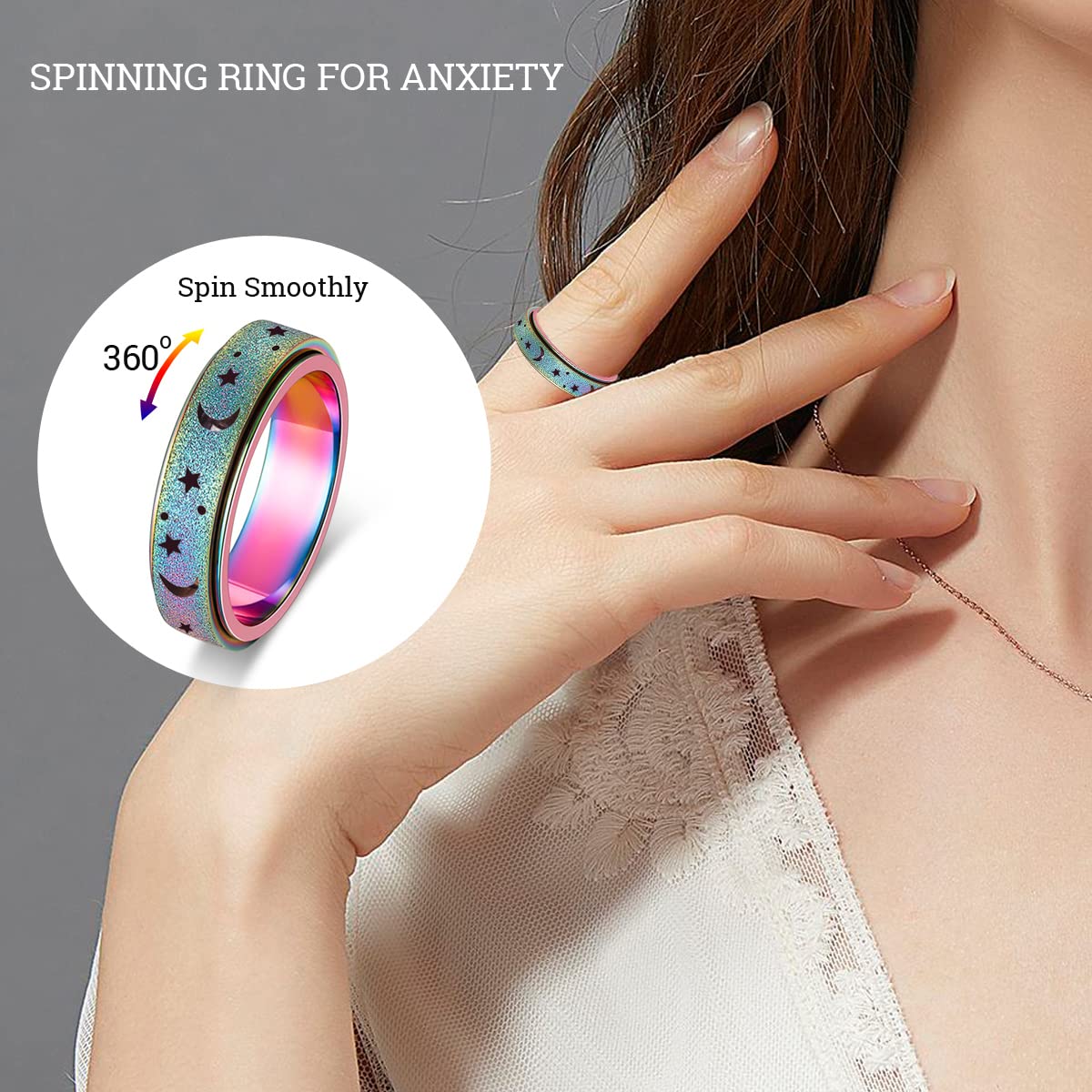 AmorArtSky Spinner Ring – Anxiety Fidget, Unisex Titanium Stainless Steel, 6MM, 5 Colors