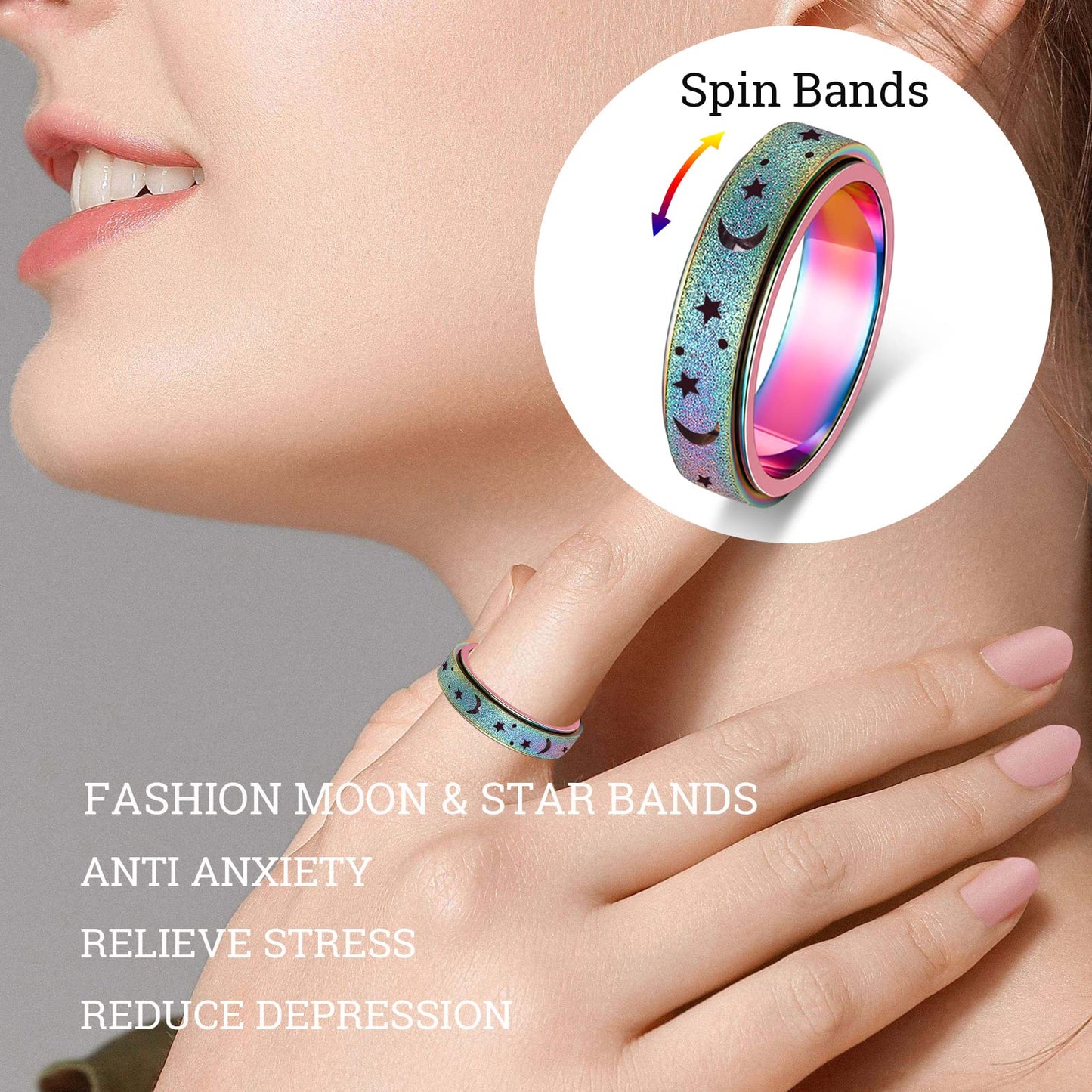 AmorArtSky Spinner Ring – Anxiety Fidget, Unisex Titanium Stainless Steel, 6MM, 5 Colors