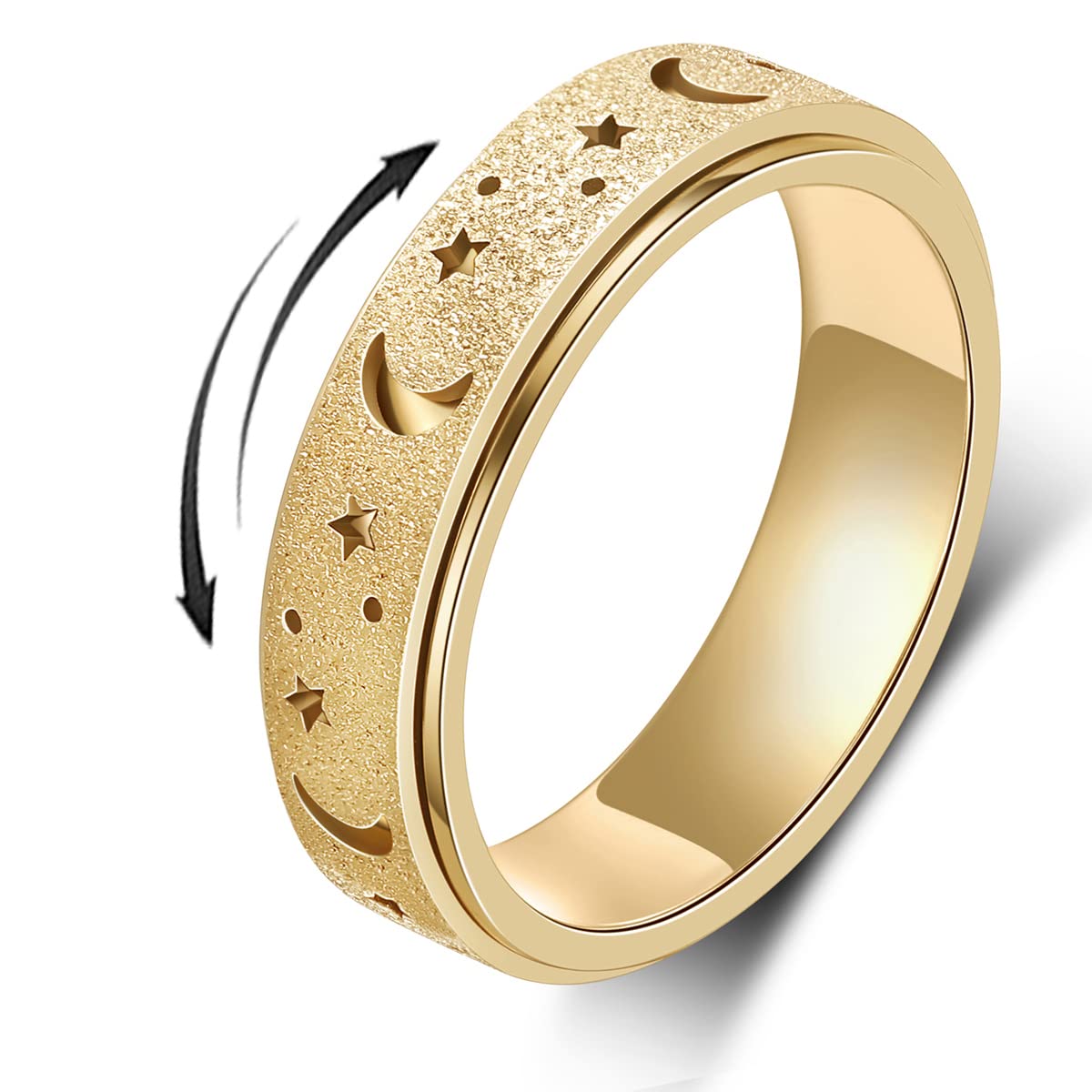 AmorArtSky Spinner Ring – Unisex Fidget Ring, 6MM Titanium Stainless Steel, Moon Star Hollow Gold