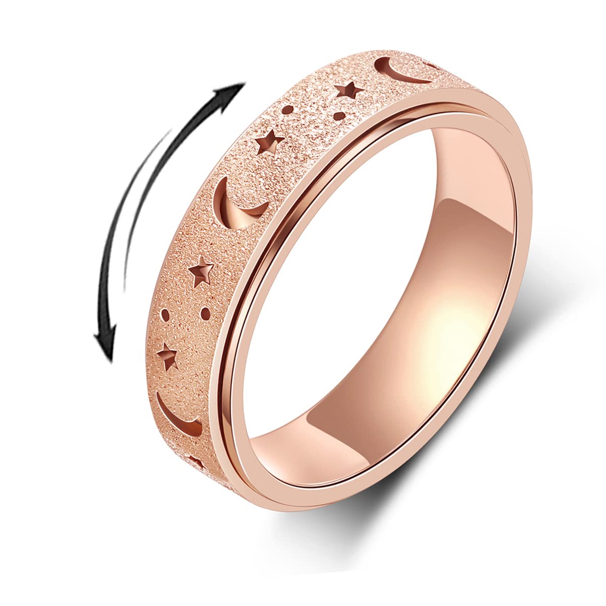 AmorArtSky Spinner Ring – Anxiety Relief Fidget, Titanium Stainless Steel, Moon-Star Hollow Outer, 5 Colors, Size 10