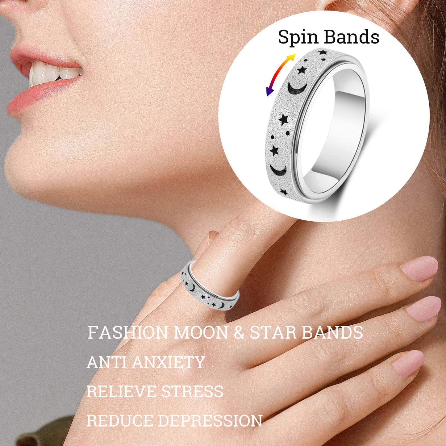 AmorArtSky Spinner Ring – Unisex Titanium Fidget, Moon Star, 6MM, 5 Colors