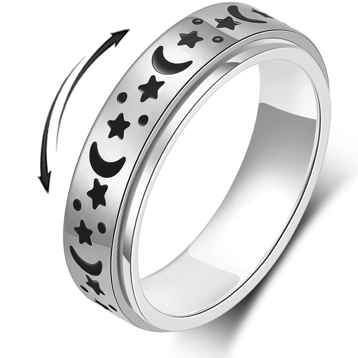 AmorArtSky Spinner Ring for Anxiety Relief – Unisex Titanium Stainless Steel, 6MM, Moon Star (Size 9)