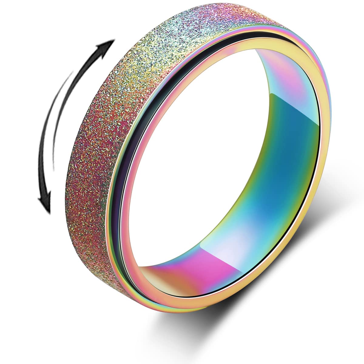 AmorArtSky Spinner Ring for Women & Men | Titanium Stainless Steel, Rainbow 6MM, Size 6