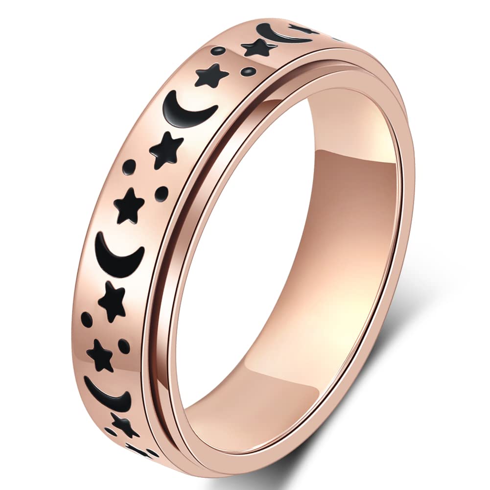 AmorArtSky Spinner Ring for Women – Titanium Stainless Steel Fidget Ring, Rose Gold Moon Star, 6MM, Size 8
