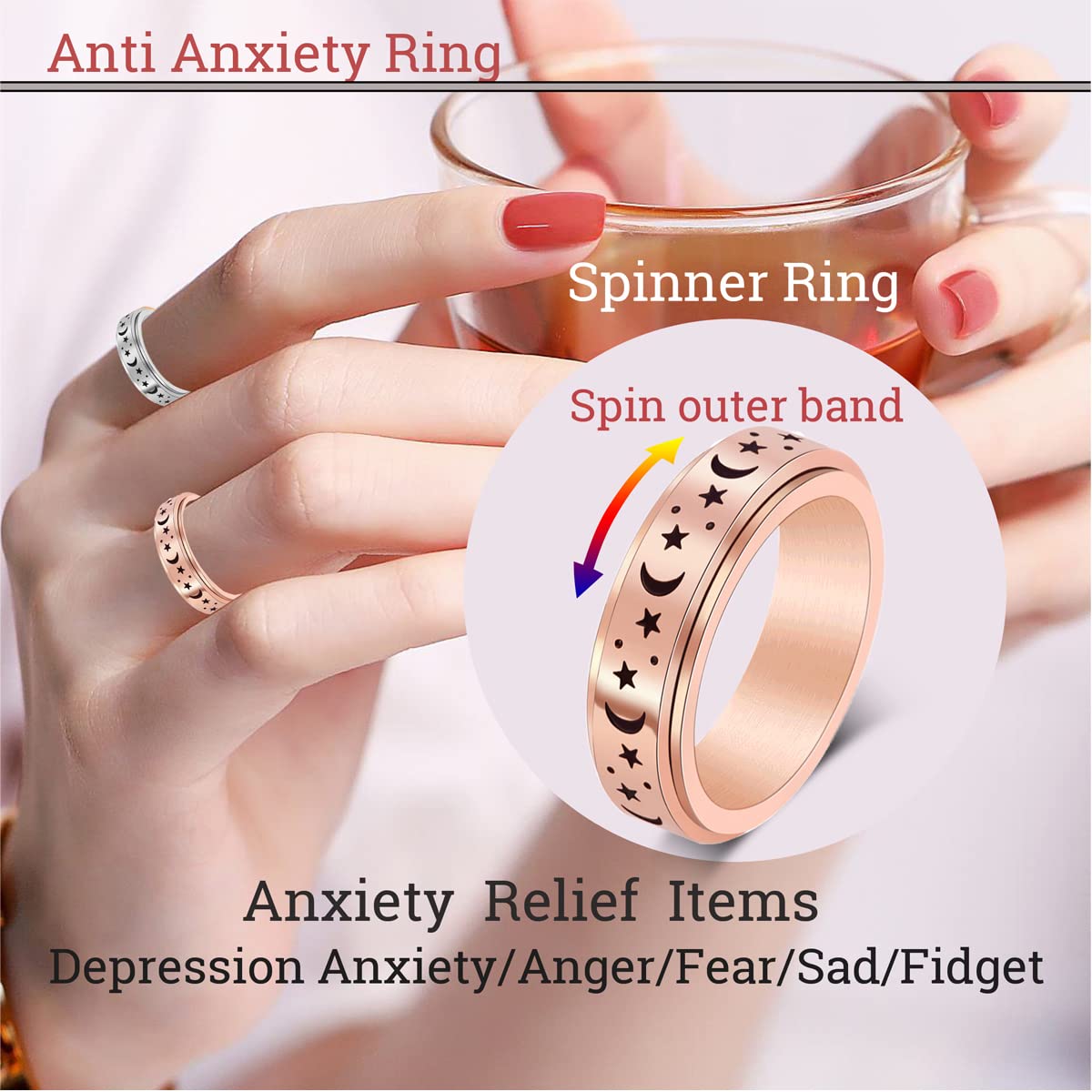 AmorArtSky Spinner Ring for Women – Titanium Stainless Steel Fidget Ring, Rose Gold Moon Star, 6MM, Size 8