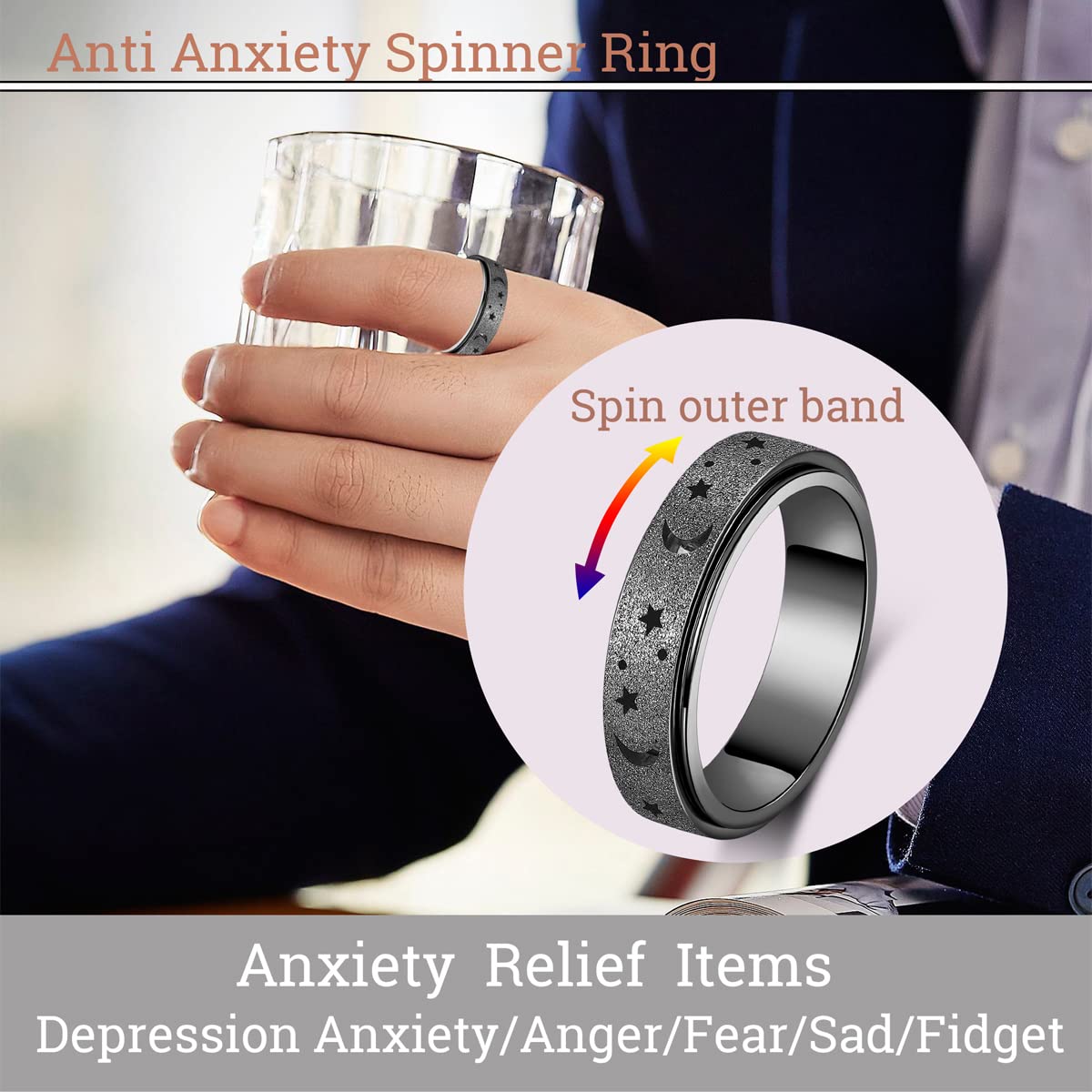 AmorArtSky Spinner Ring for Anxiety Relief | Unisex Titanium Fidget Ring, 5 Colors, 6MM