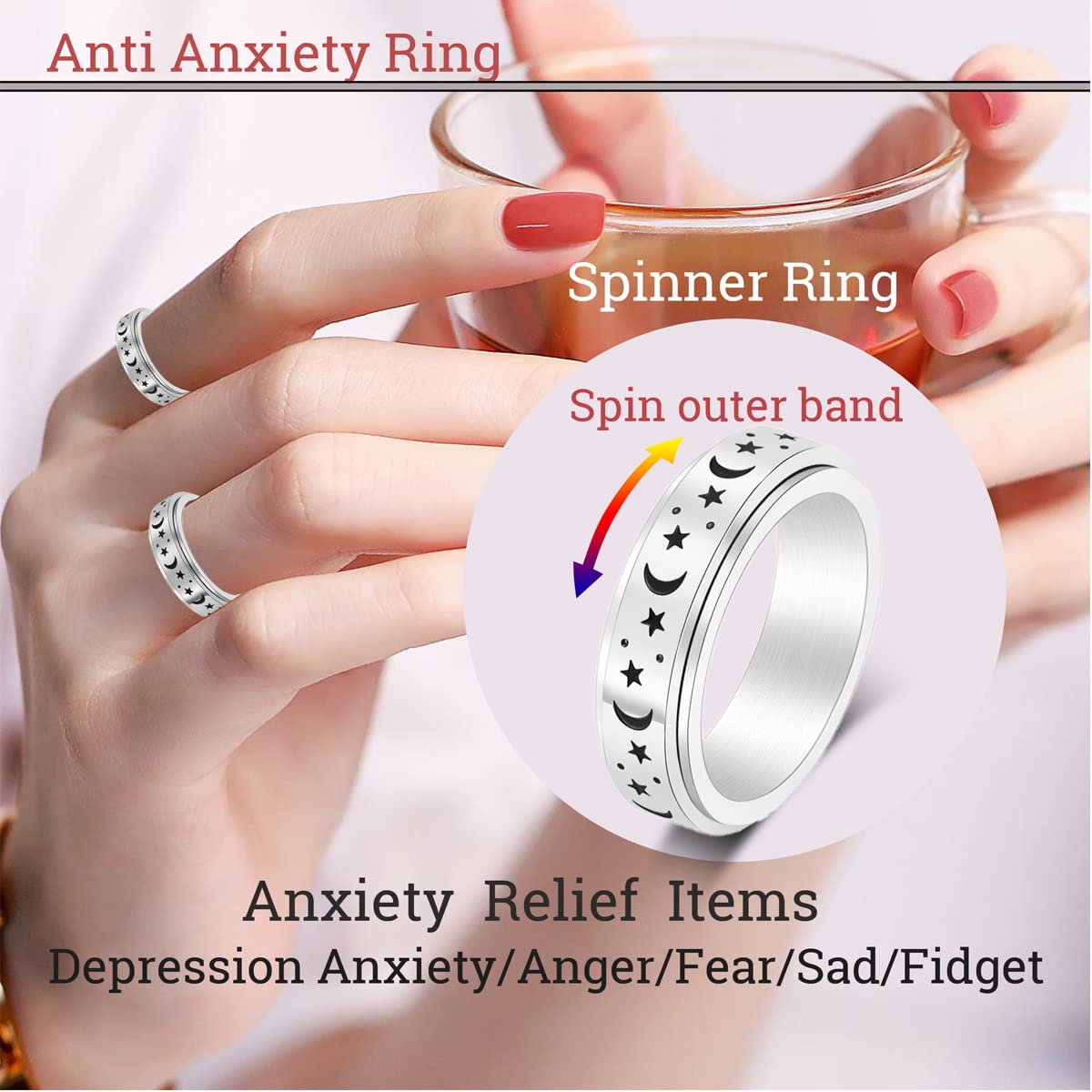AmorArtSky Spinner Ring for Anxiety Relief – Unisex Titanium Stainless Steel, 6MM, Moon Star (Size 9)