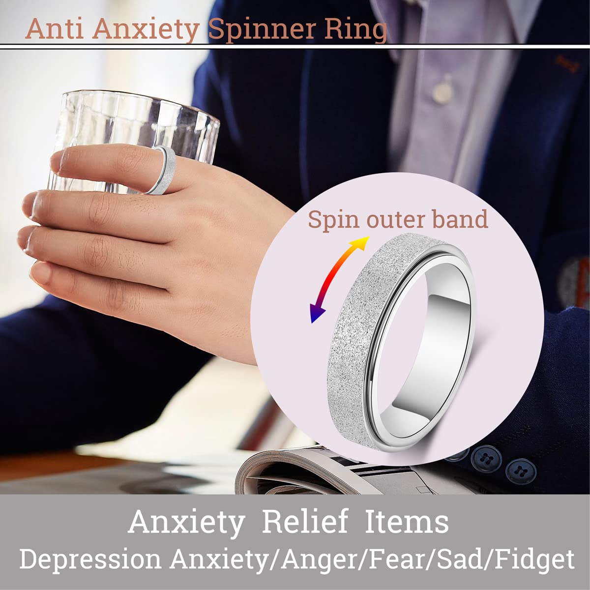 AmorArtSky Spinner Ring - Unisex Titanium Stainless Steel Fidget, 6MM, Size 7, 5 Colors, Silver Sandblasted