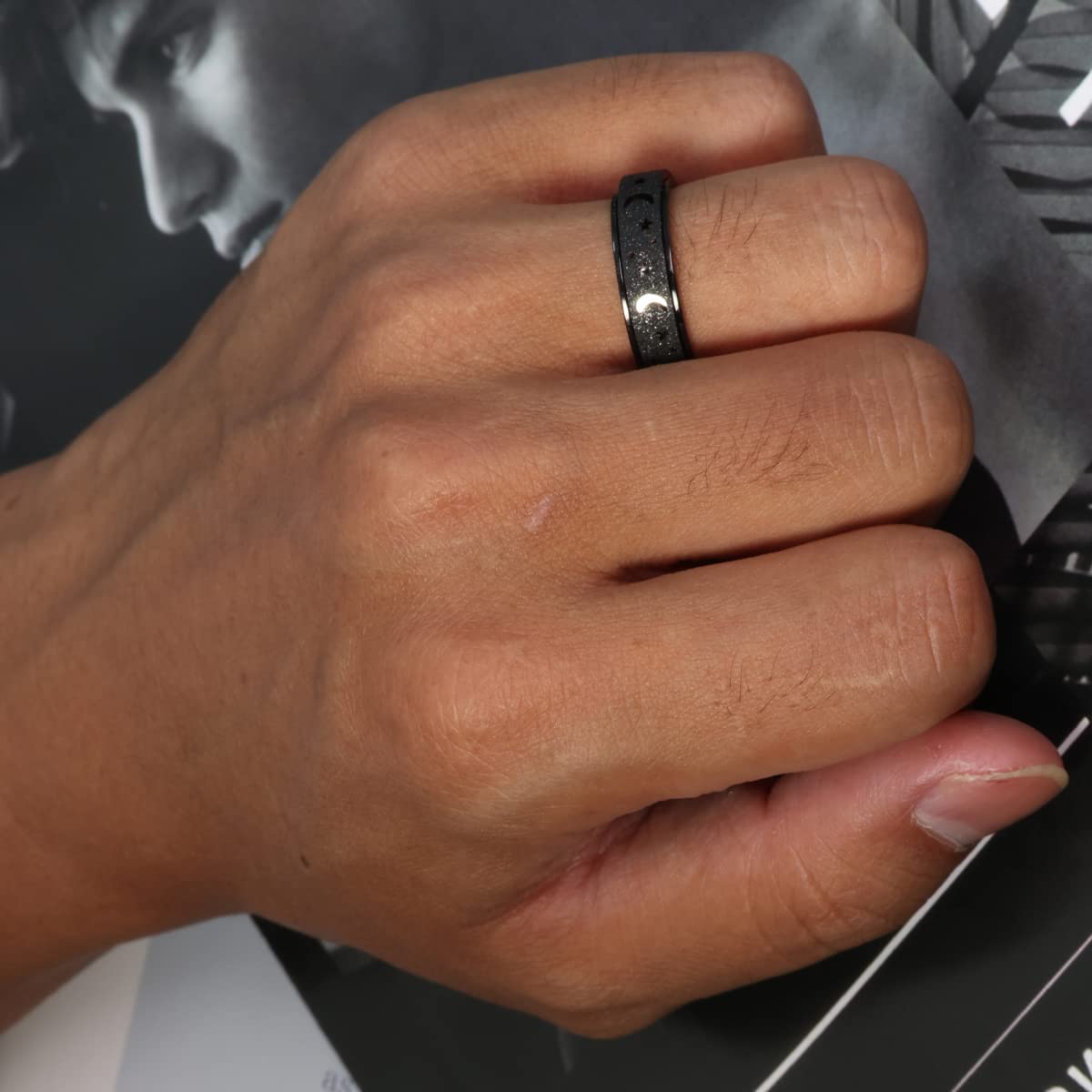 AmorArtSky Spinner Ring for Anxiety Relief – Unisex Titanium Fidget Ring (Moon Star, 5 Colors)