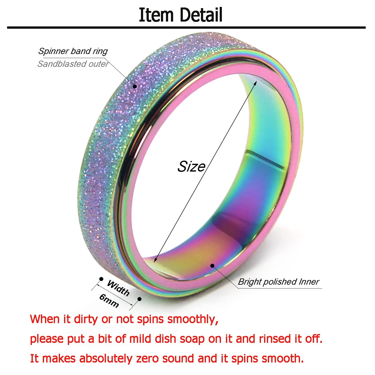 AmorArtSky Spinner Ring for Women & Men | Titanium Stainless Steel, Rainbow 6MM, Size 6