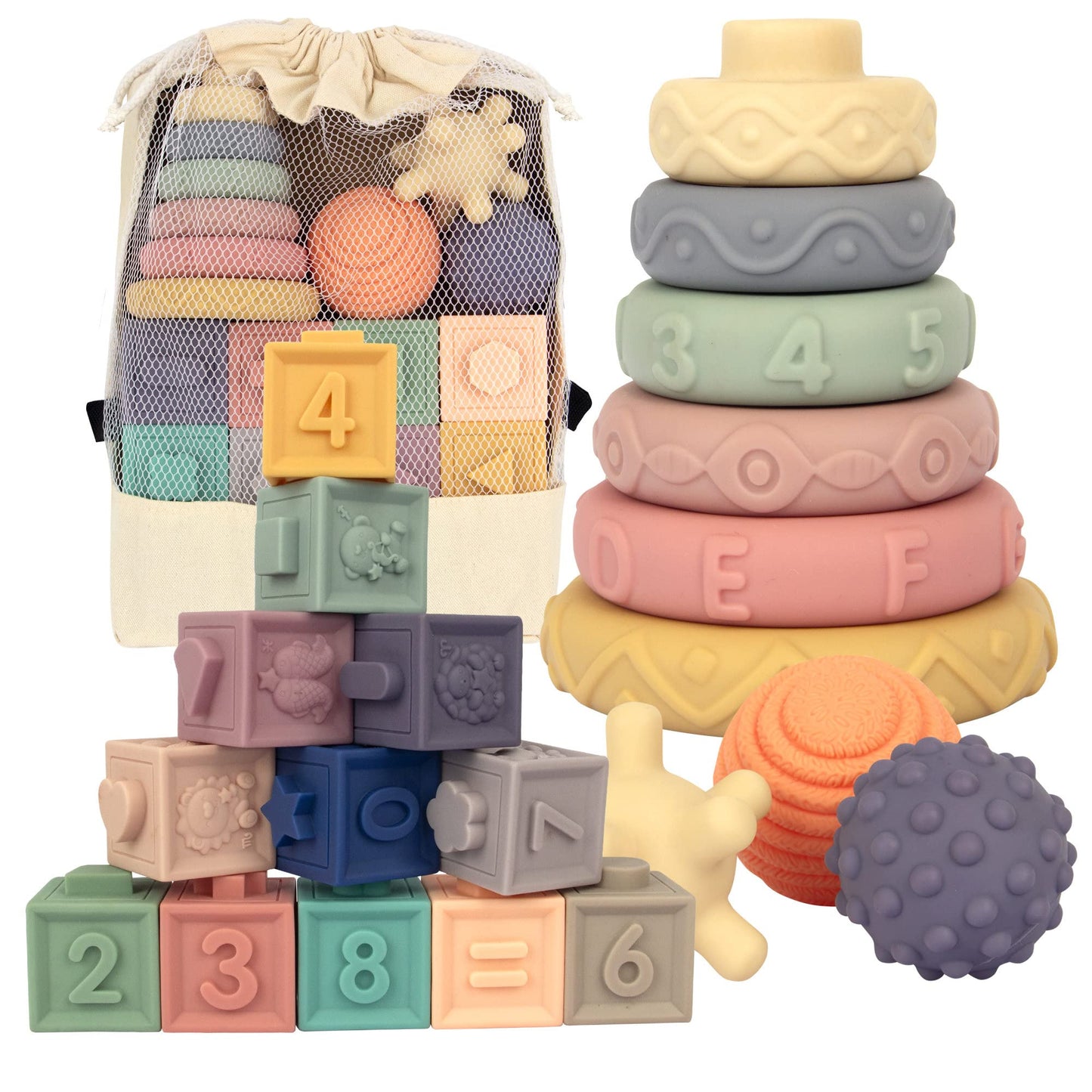 AmorBeBe 21-Piece Montessori Baby Toys: Teether, Stacking Rings & Blocks for 6 Months+