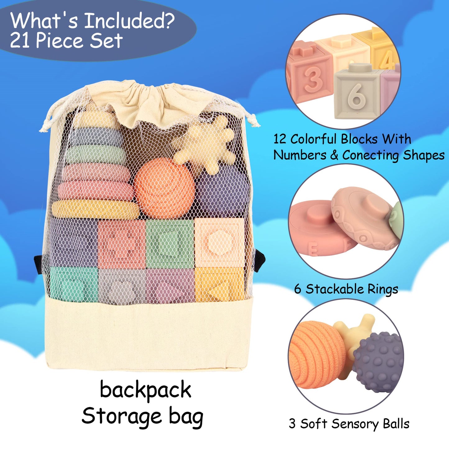 AmorBeBe 21-Piece Montessori Baby Toys: Teether, Stacking Rings & Blocks for 6 Months+