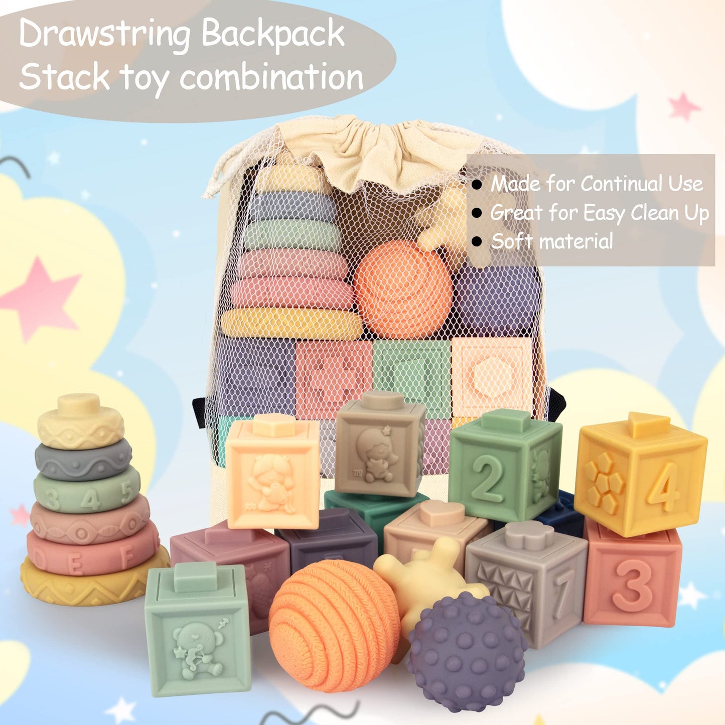 AmorBeBe 21-Piece Montessori Baby Toys: Teether, Stacking Rings & Blocks for 6 Months+