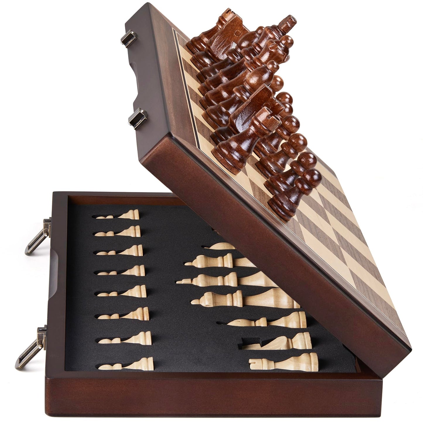 AMEROUS 15-inch Magnetic Wooden Chess Set – Folding Board, Magnetic Pieces, Gift Packaging