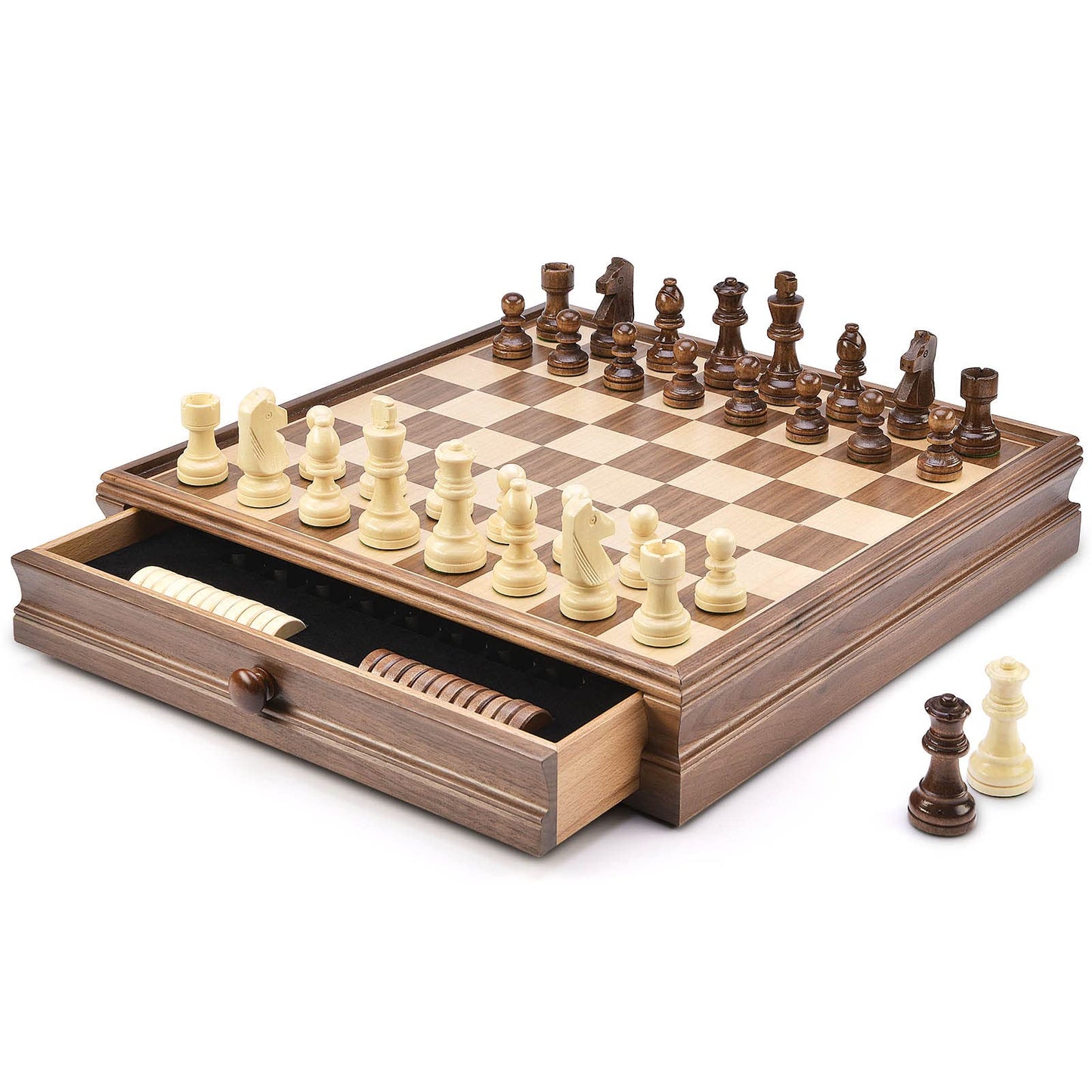AMEROUS 15x15 Wooden Chess & Checkers Set with Drawer | Weighted Pieces & 2 Extra Queens