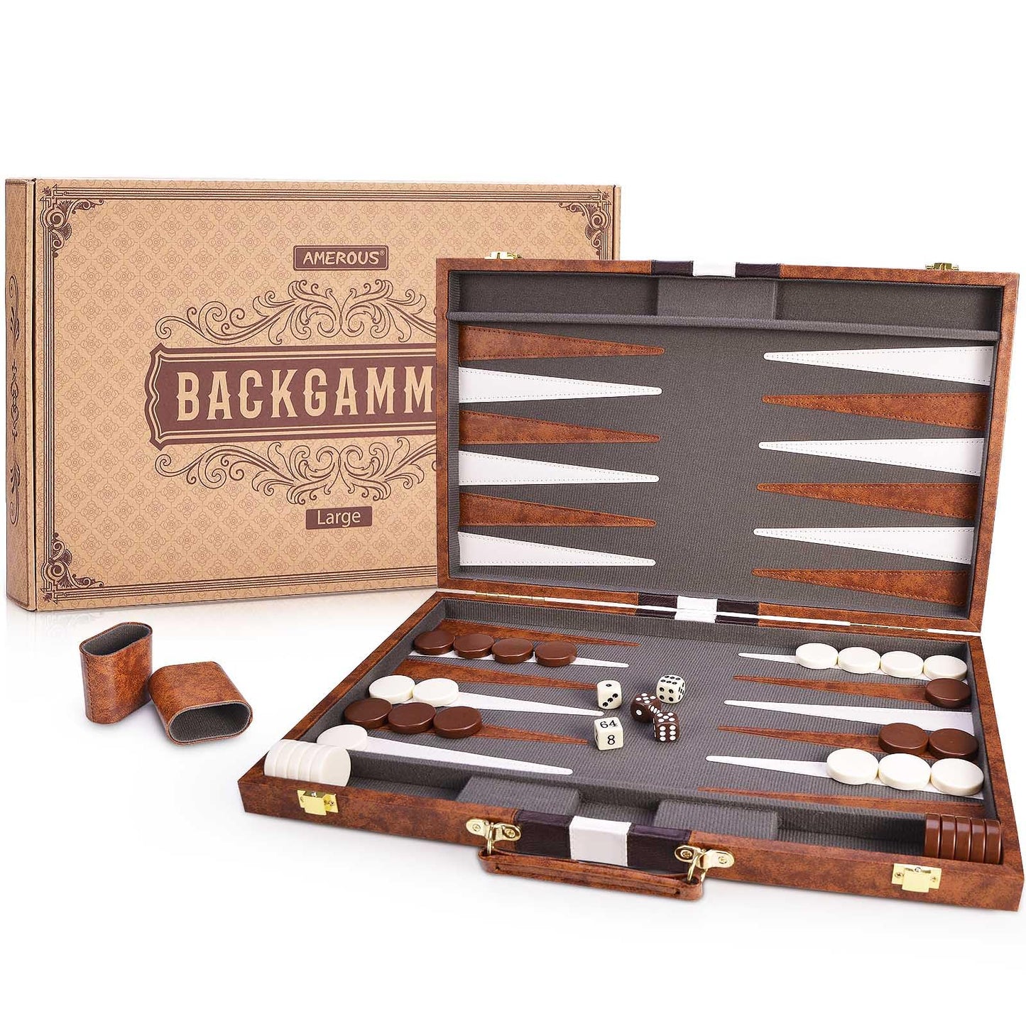 AMEROUS Backgammon Set 18-Inch with Leather Case | Portable Folding Board for Travel & Family Play
