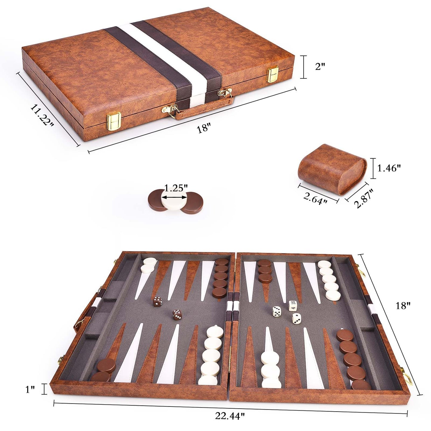AMEROUS Backgammon Set 18-Inch with Leather Case | Portable Folding Board for Travel & Family Play