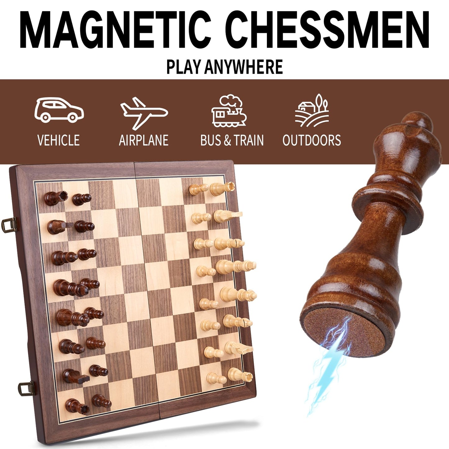 AMEROUS 15-inch Magnetic Wooden Chess Set – Folding Board, Magnetic Pieces, Gift Packaging