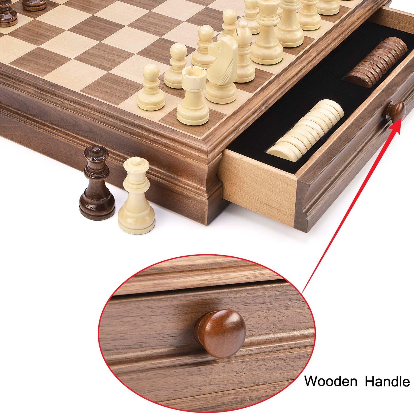 AMEROUS 15x15 Wooden Chess & Checkers Set with Drawer | Weighted Pieces & 2 Extra Queens