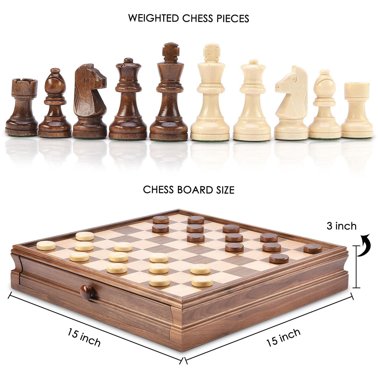 AMEROUS 15x15 Wooden Chess & Checkers Set with Drawer | Weighted Pieces & 2 Extra Queens