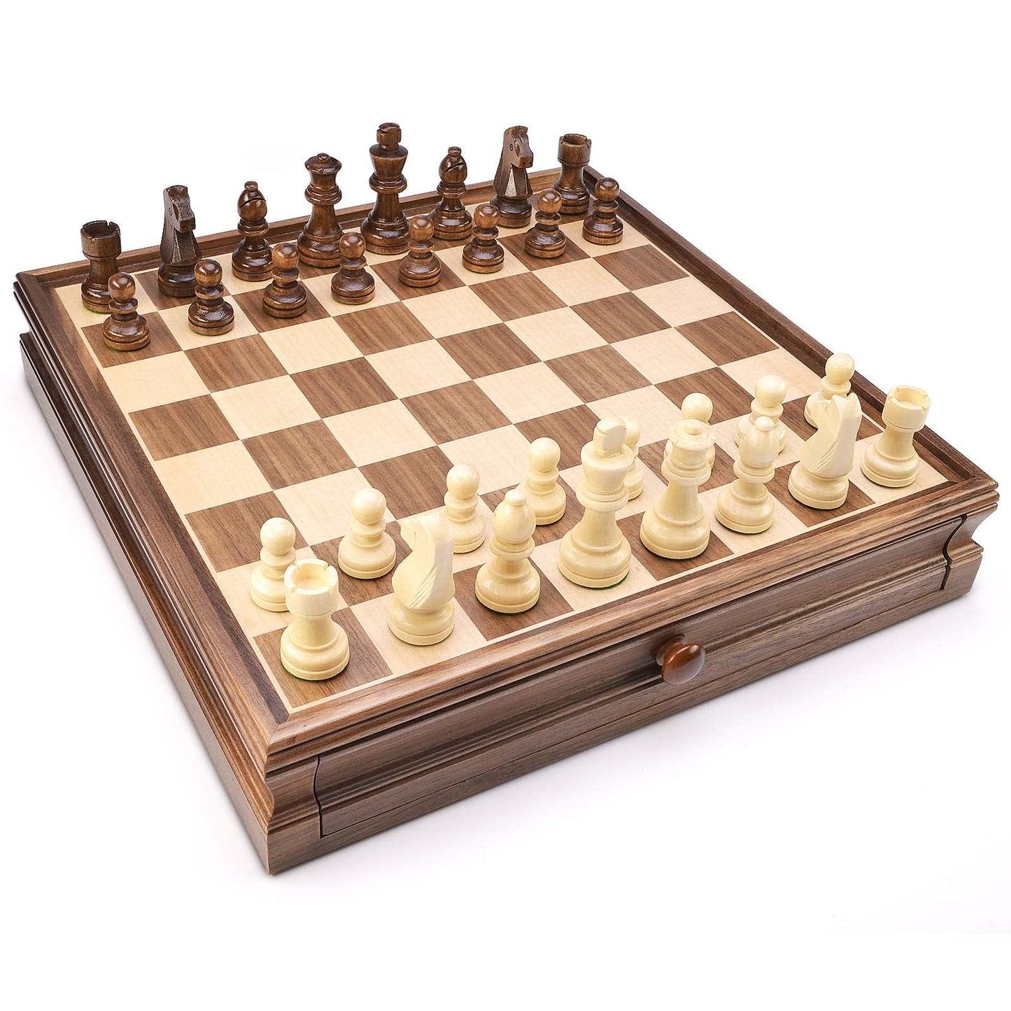AMEROUS 15x15 Wooden Chess & Checkers Set with Drawer | Weighted Pieces & 2 Extra Queens