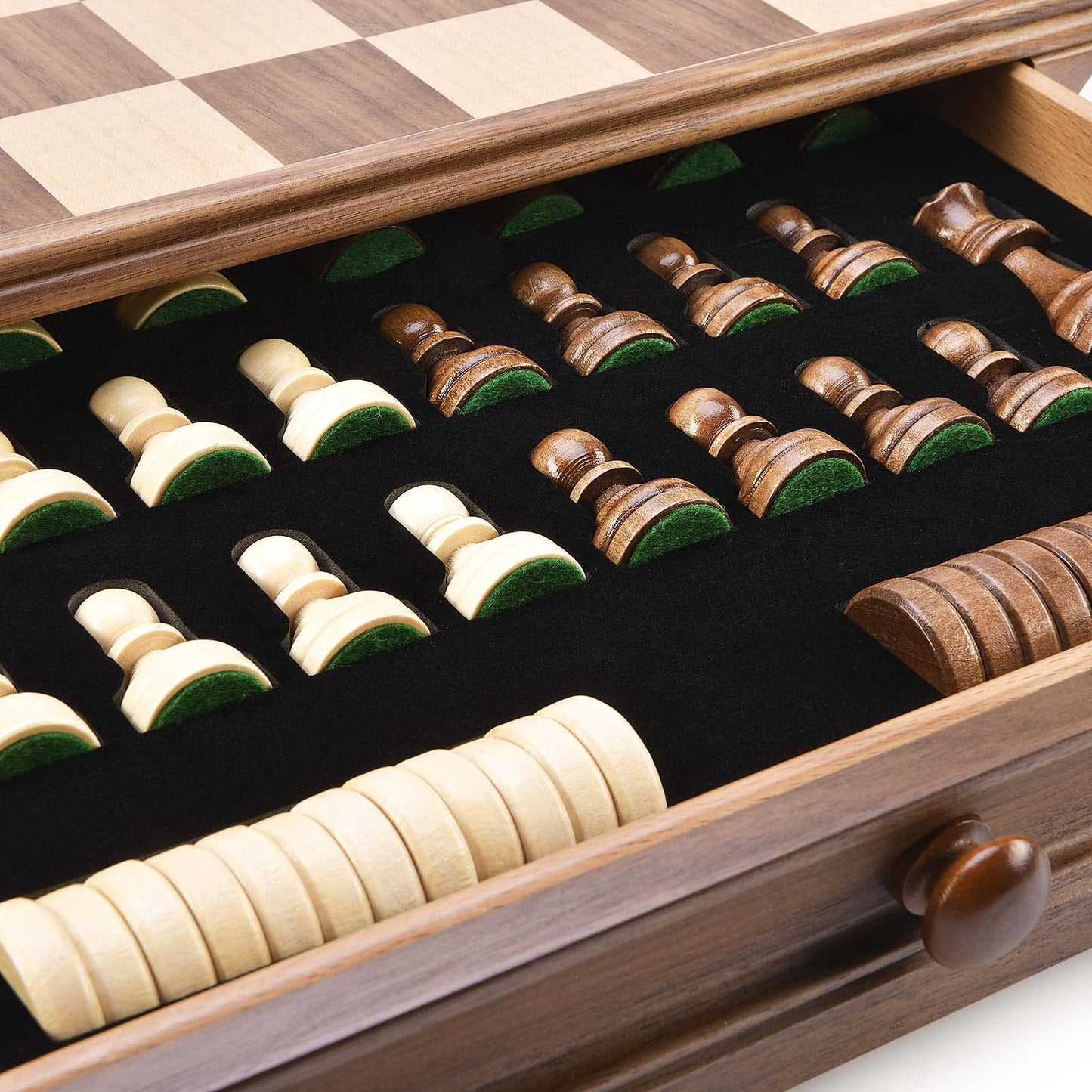 AMEROUS 15x15 Wooden Chess & Checkers Set with Drawer | Weighted Pieces & 2 Extra Queens