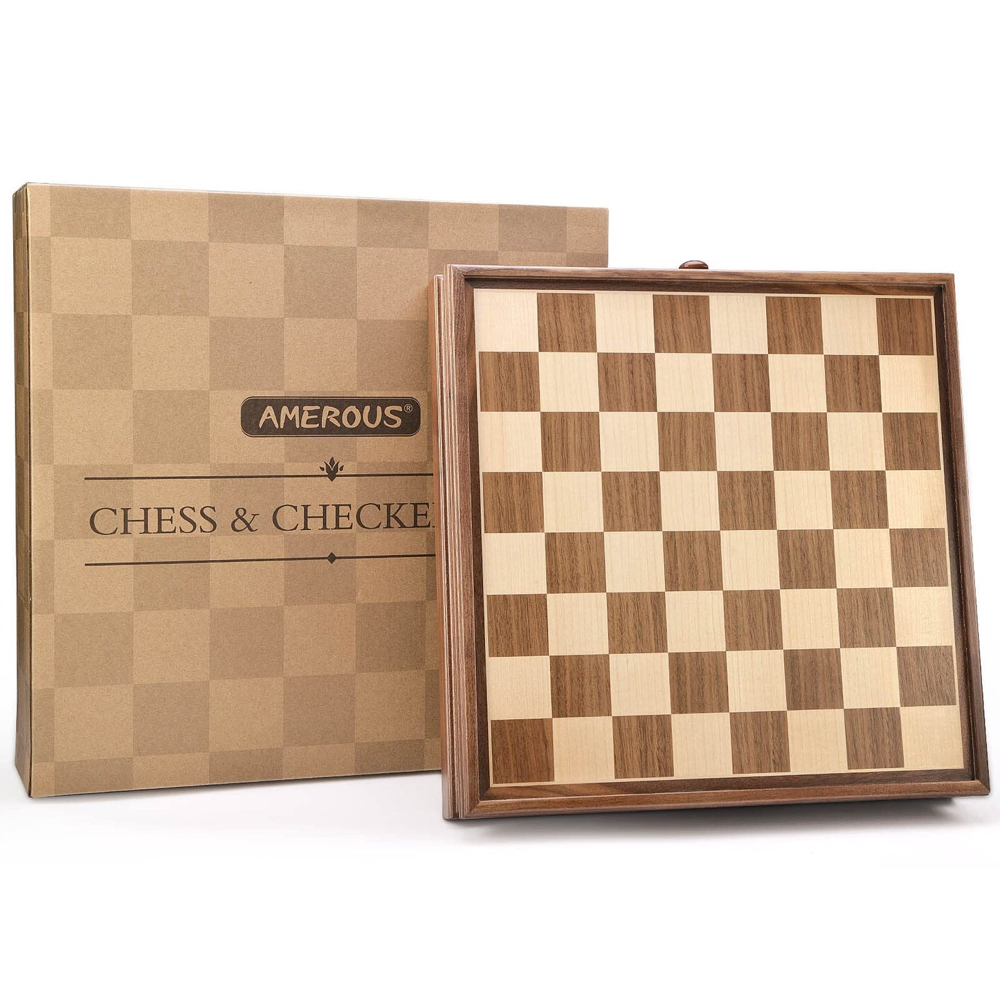 AMEROUS 15x15 Wooden Chess & Checkers Set with Drawer | Weighted Pieces & 2 Extra Queens