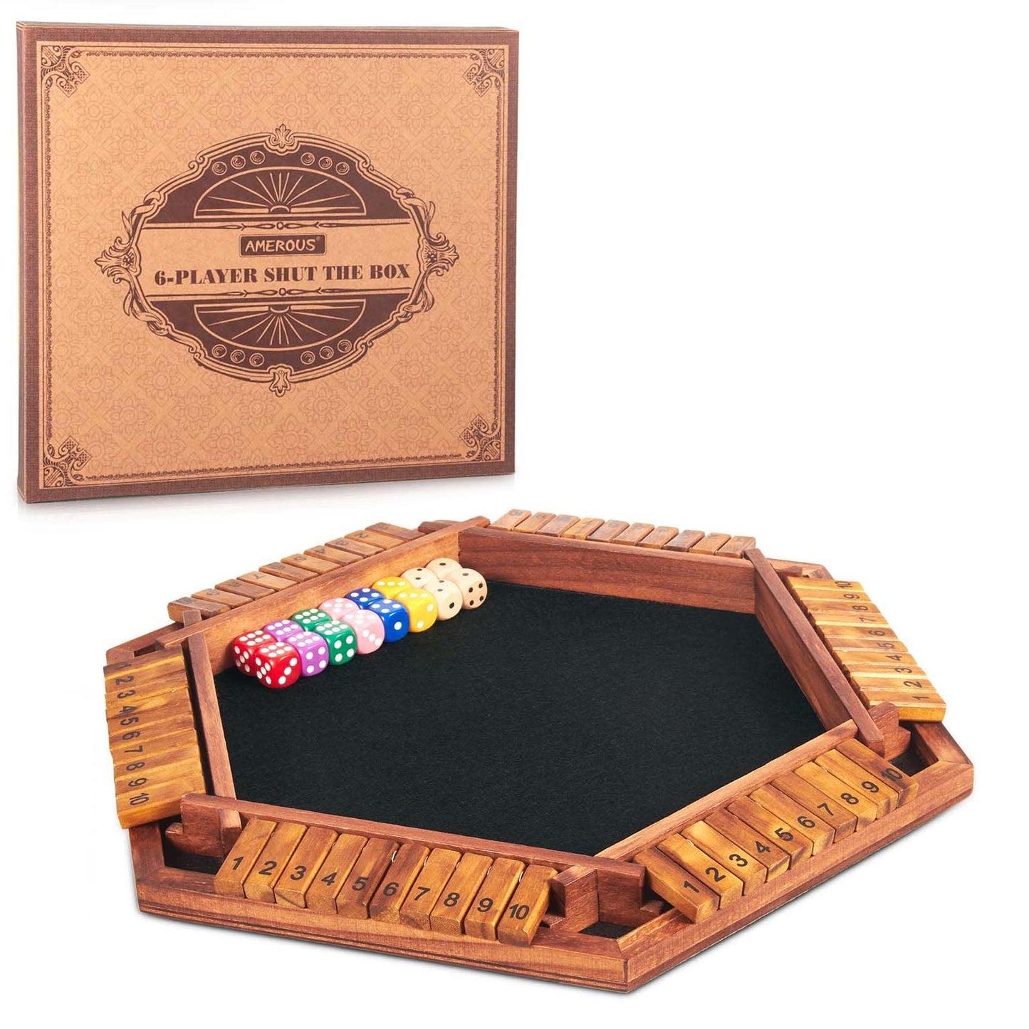 AMEROUS Upgraded Shut The Box Dice Game — 1-6 Players, Wooden Board, 16 Dice
