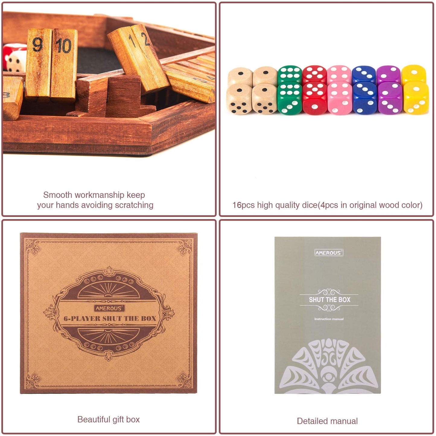 AMEROUS Upgraded Shut The Box Dice Game — 1-6 Players, Wooden Board, 16 Dice