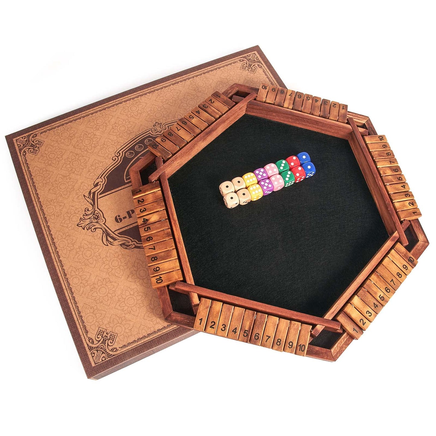 AMEROUS Upgraded Shut The Box Dice Game — 1-6 Players, Wooden Board, 16 Dice