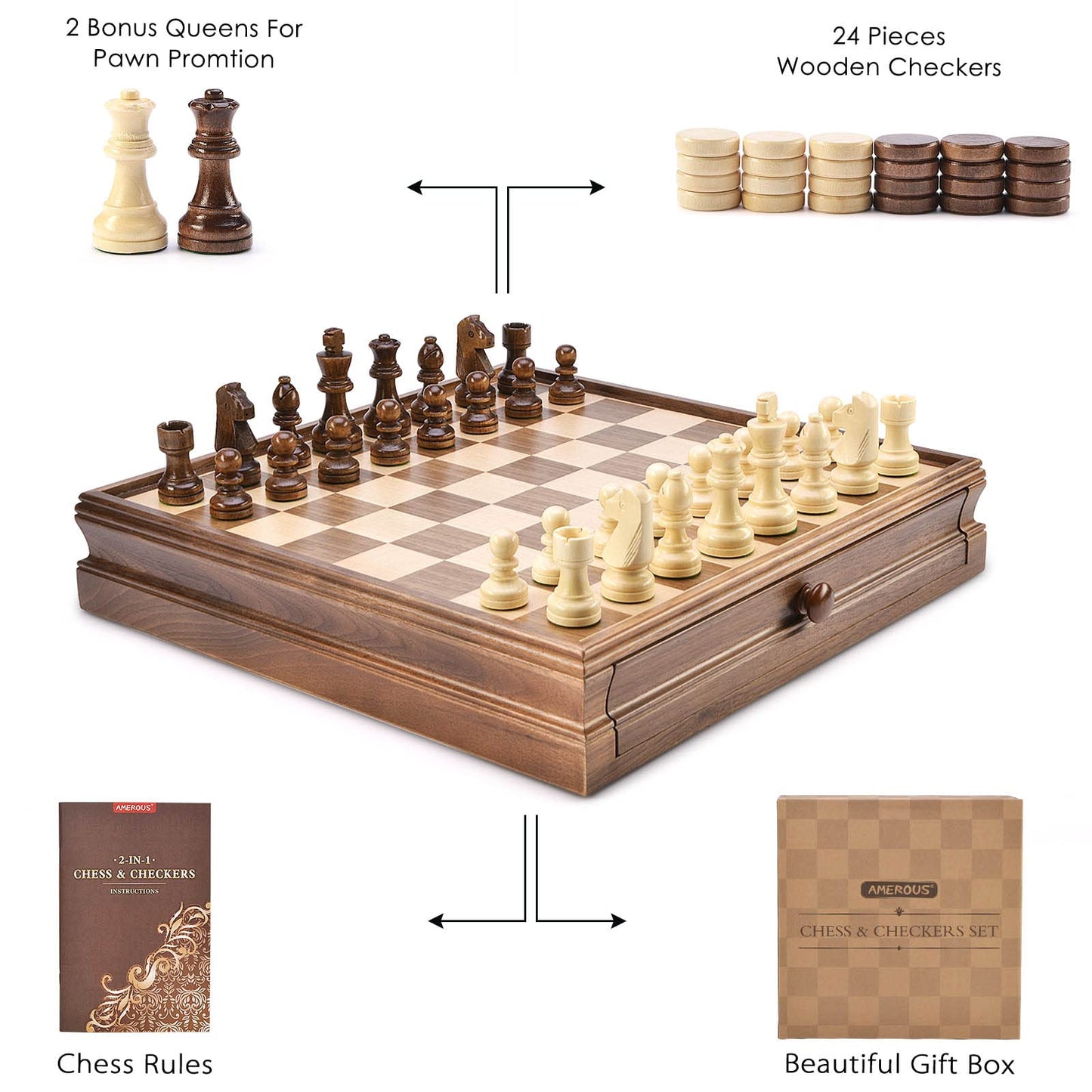 AMEROUS 15x15 Wooden Chess & Checkers Set with Drawer | Weighted Pieces & 2 Extra Queens