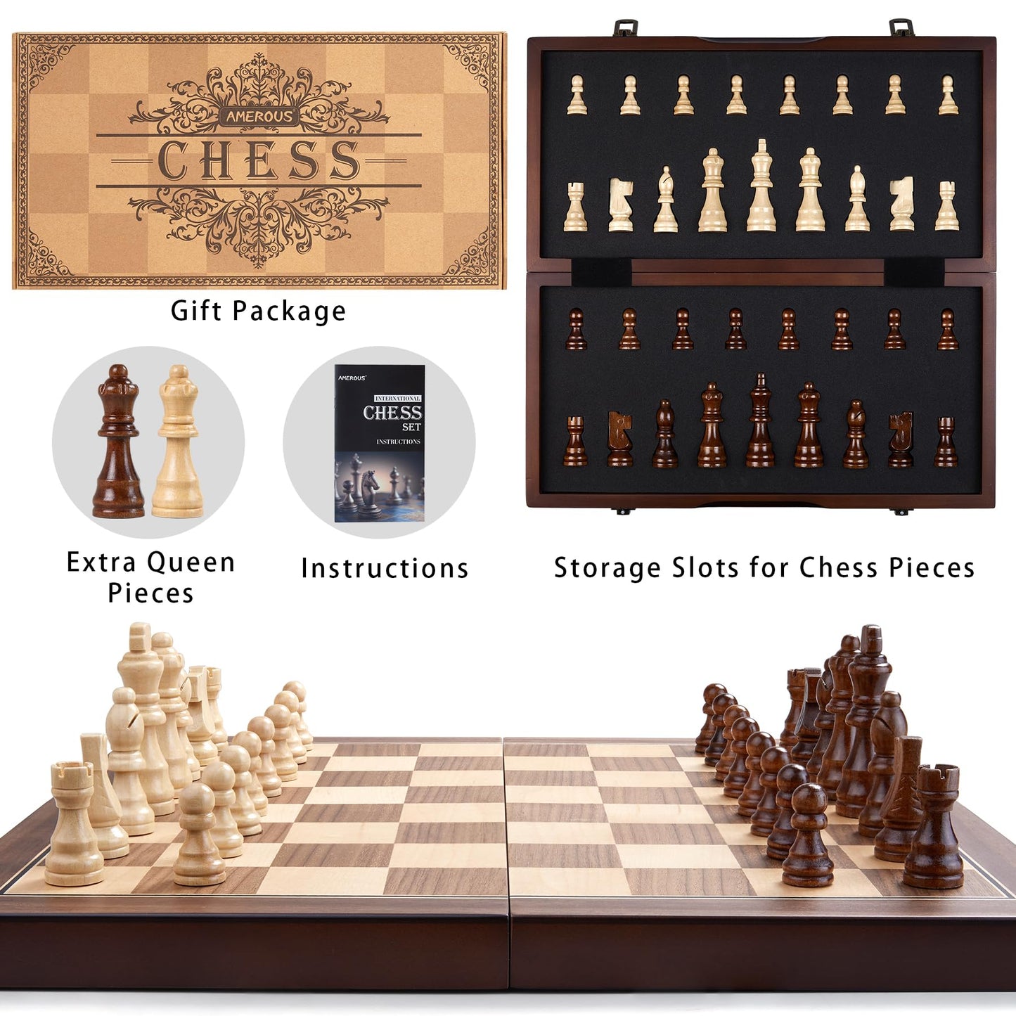 AMEROUS 15-inch Magnetic Wooden Chess Set – Folding Board, Magnetic Pieces, Gift Packaging