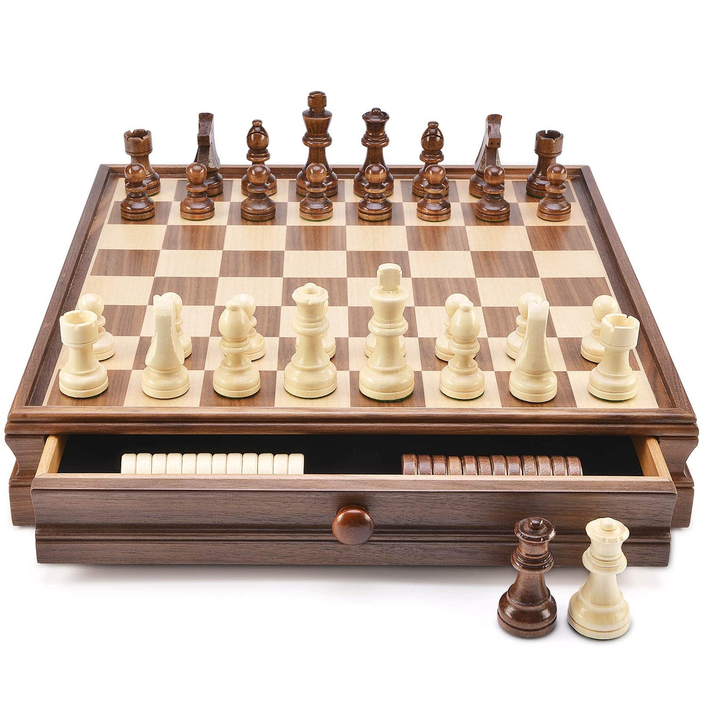 AMEROUS 15x15 Wooden Chess & Checkers Set with Drawer | Weighted Pieces & 2 Extra Queens