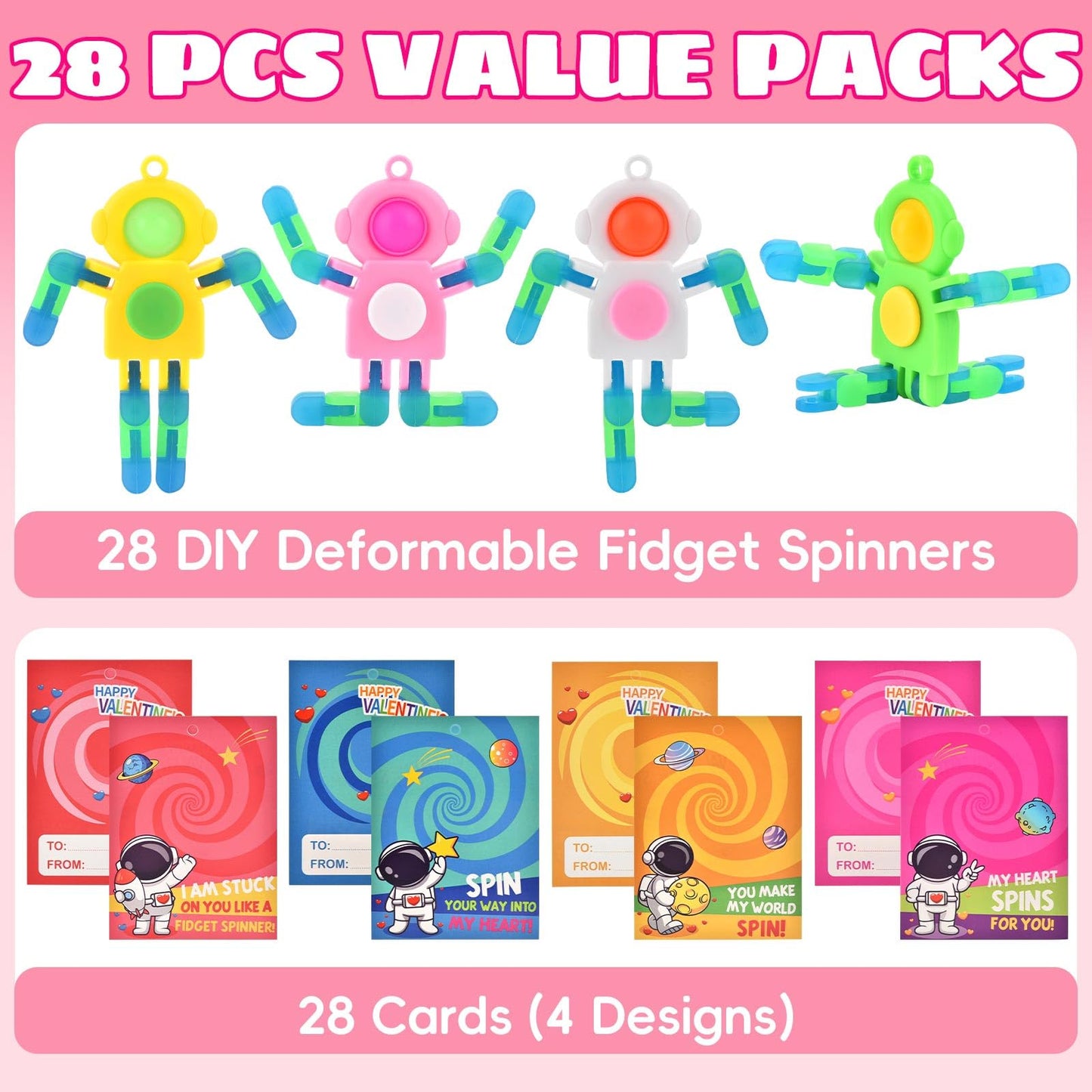Amplov 28-Pack Valentines Gifts for Kids — Space Astronaut Fidget Spinner & Card Set
