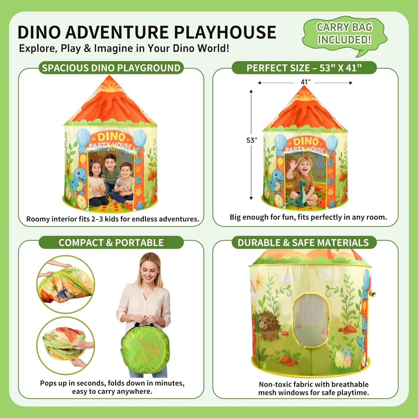 Amplov LED Dinosaur Play Tent – 53”×41” Pop Up Indoor/Outdoor Dino Fort